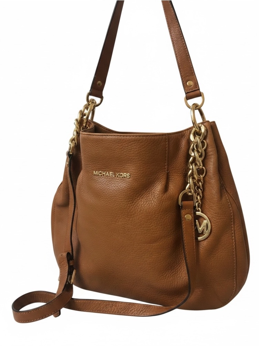 Michael Kors Cognac Leather Shoulder Hobo Crossbody with Gold Chain